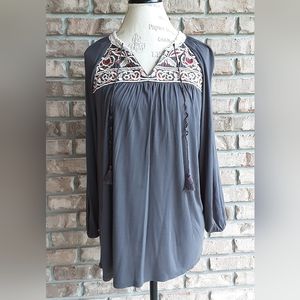 One September Gray Boho Long Sleeve Peasant Top with Embroidered Detail.